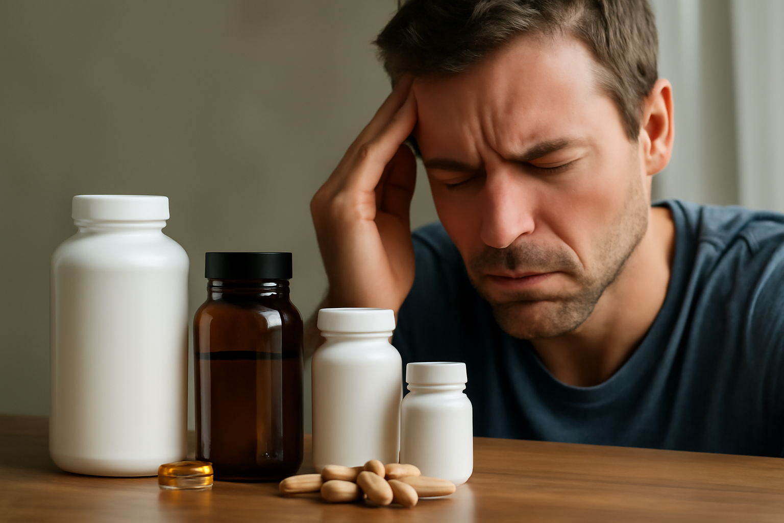 Man holding his head with supplement bottles and pills on table