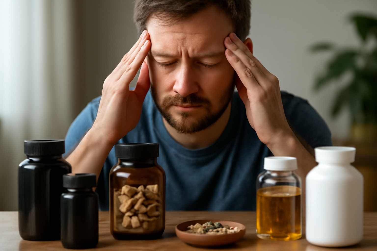 Man holding temples with eyes closed and supplement bottles nearby