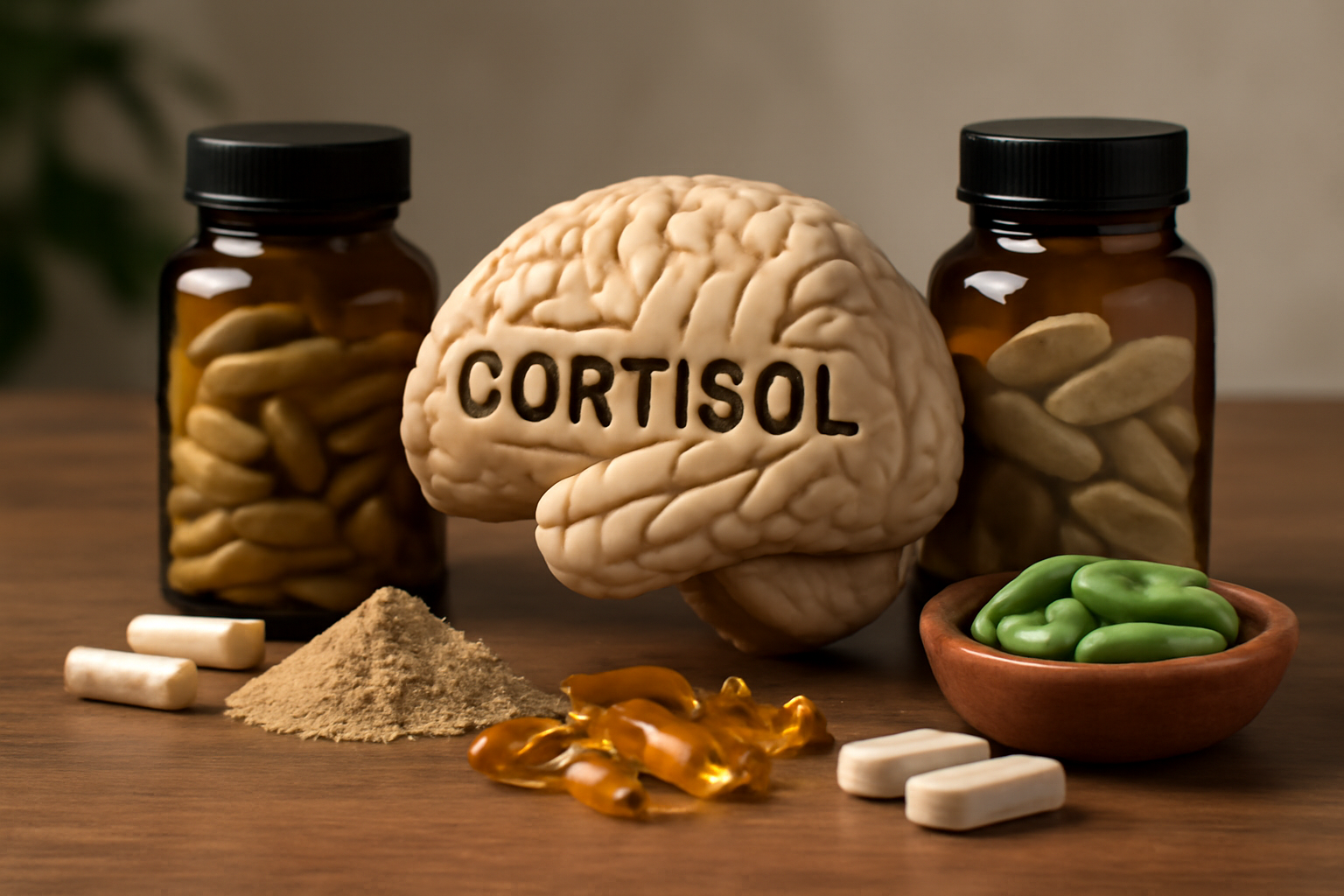 Model brain with cortisol text surrounded by supplement bottles and capsules