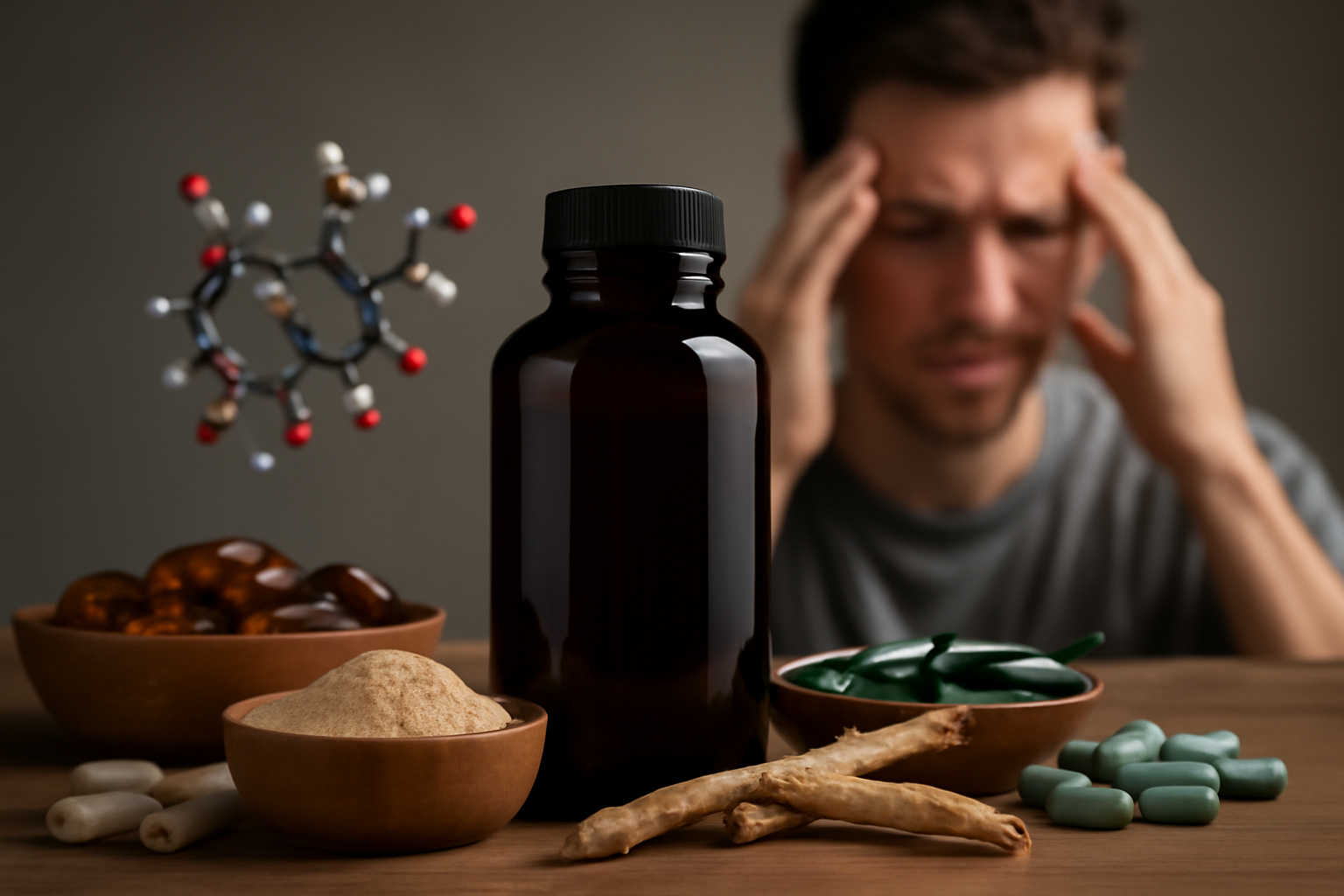 Supplement bottle with herbs and capsules, stressed man in background