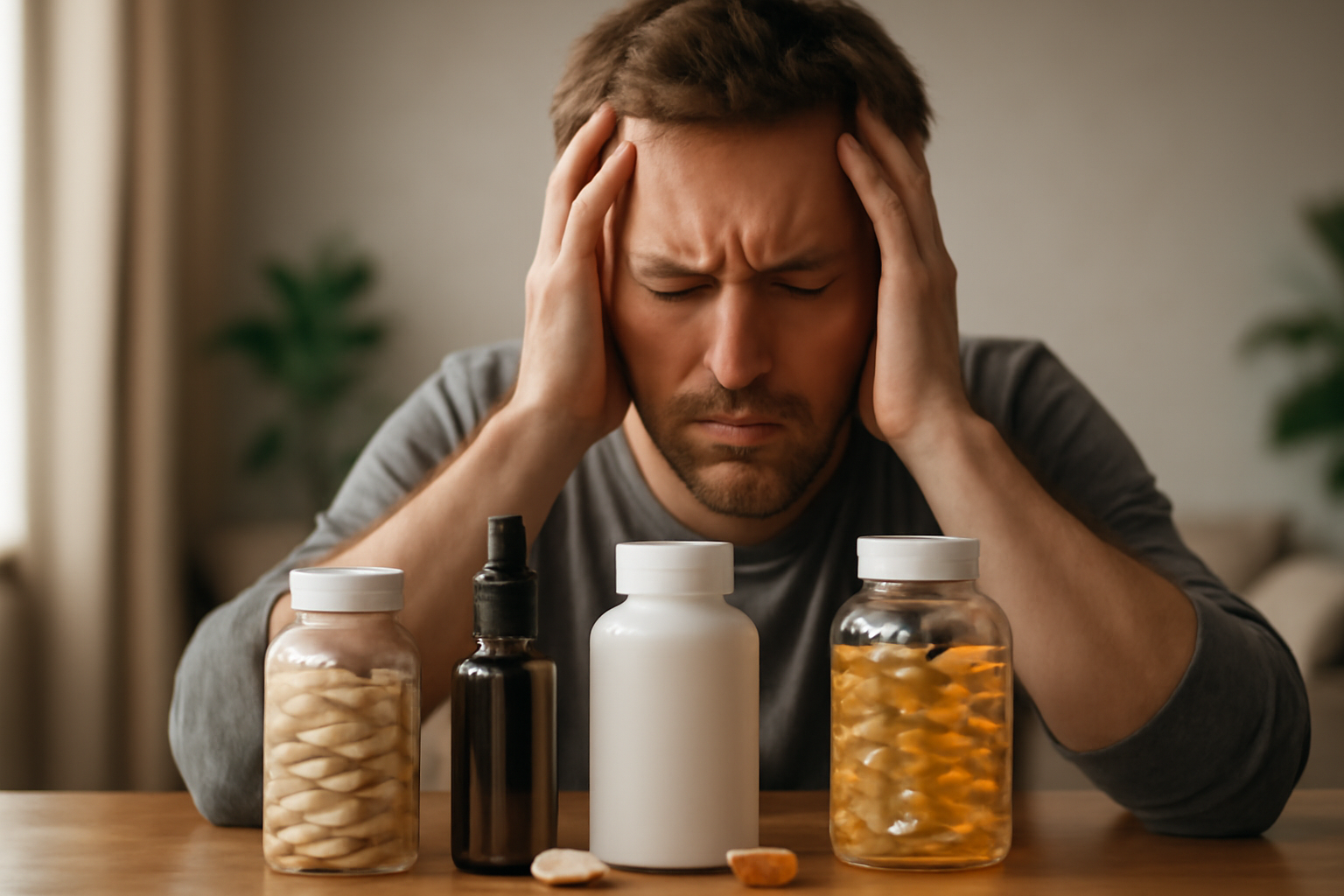 Stressed man holding head with supplement bottles on table