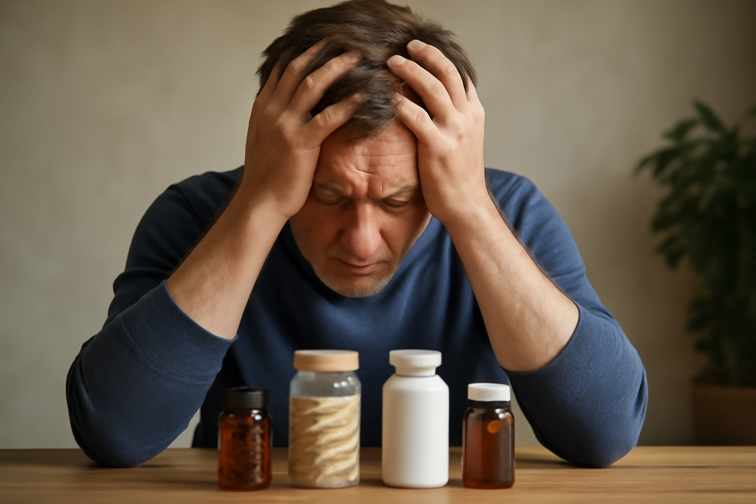Stressed man holding his head with supplement bottles on table