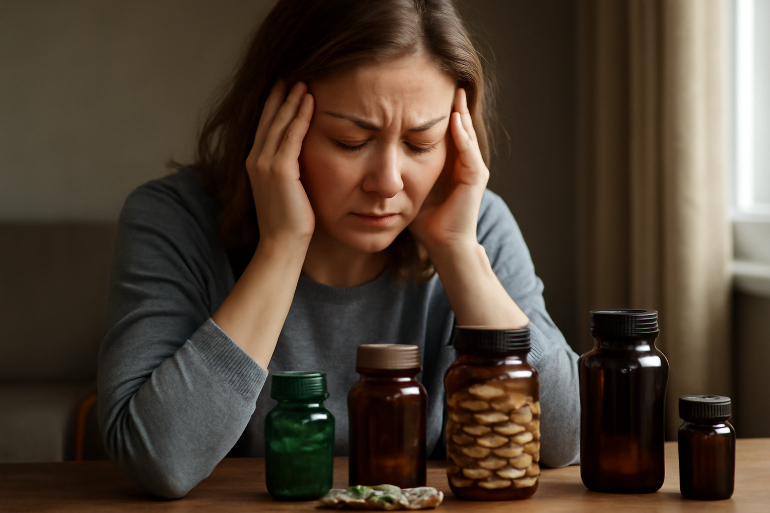 Woman holding temples with closed eyes, stress relief concept
