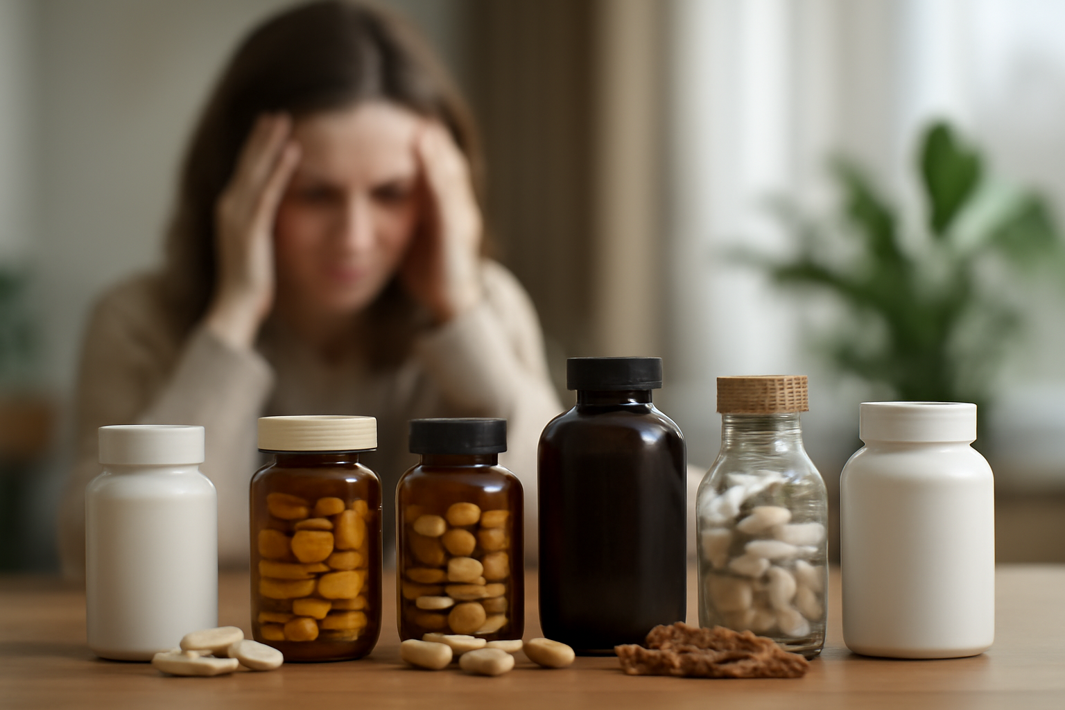 Variety of supplement bottles and pills on table with stressed woman