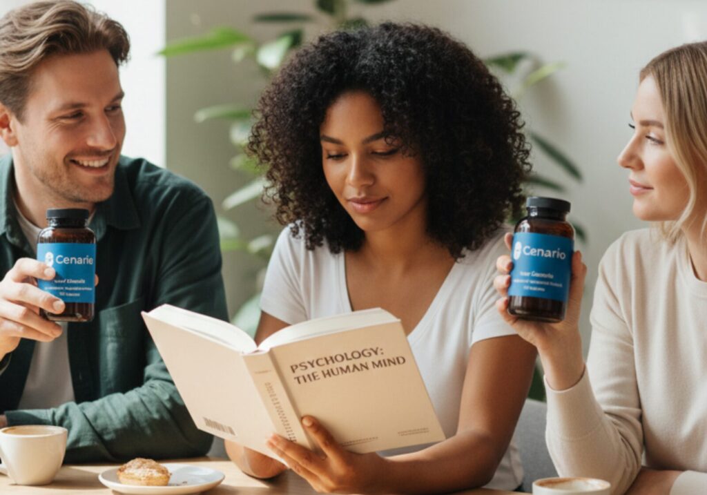 Bottles of mental health supplements with labels showing ingredients like magnesium, ashwagandha, and omega-3, arranged on a wooden table.