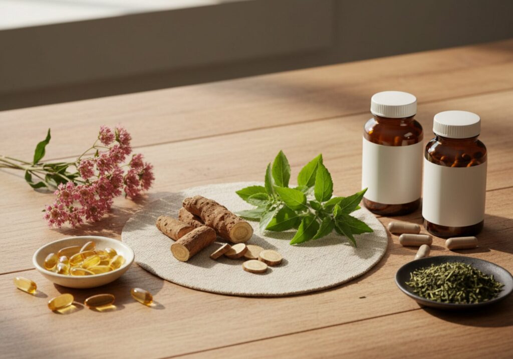 A selection of natural supplements, including ashwagandha, magnesium, and phosphatidylserine, commonly used to help lower elevated cortisol levels.