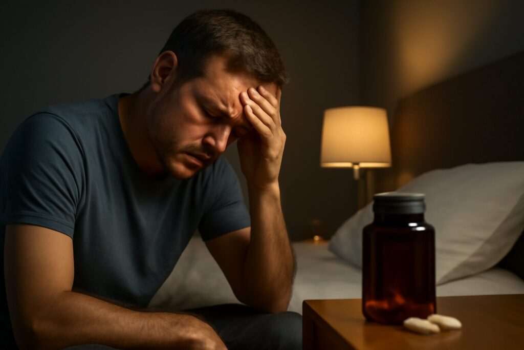 A bottle of magnesium supplement capsules placed on a bedside table, suggesting its use for improving sleep quality and promoting restful nights.