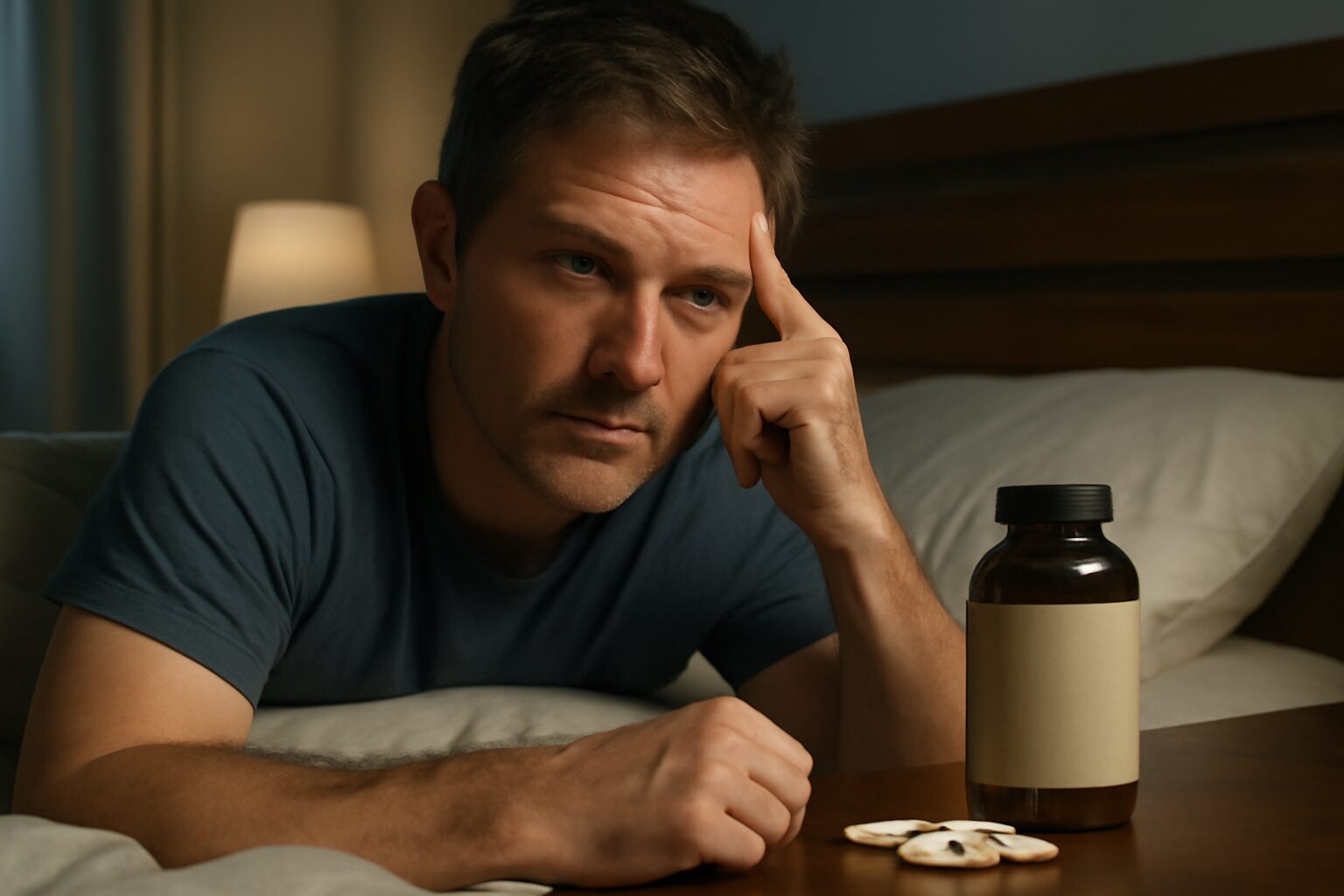 A bottle of magnesium glycinate supplements placed on a bedside table, highlighting their use for promoting better sleep and nighttime relaxation.