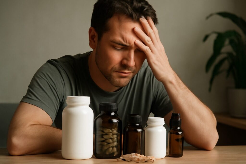 Bottles of supplements for stress relief, including herbal capsules and vitamins, arranged on a table with calming plants and a glass of water nearby.