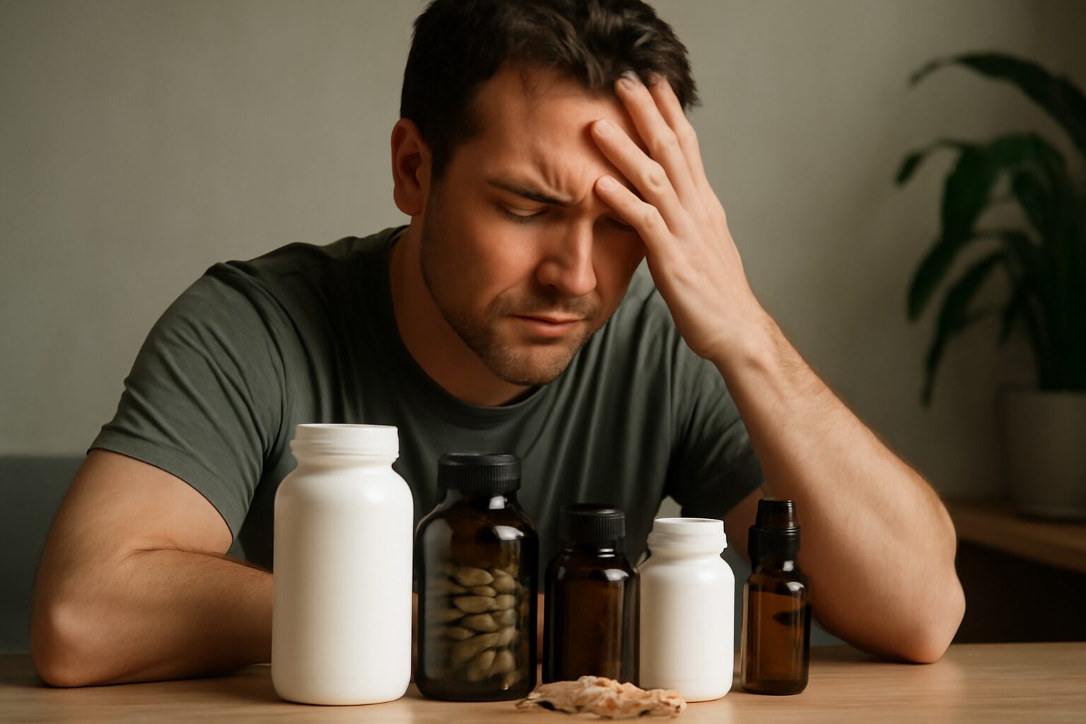 Bottles of supplements for stress relief, including herbal capsules and vitamins, arranged on a table with calming plants and a glass of water nearby.