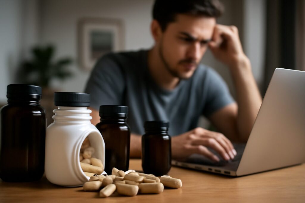 Bottles of top-rated supplements for focus and concentration, including omega-3, ginkgo biloba, and nootropic capsules on a clean white background.