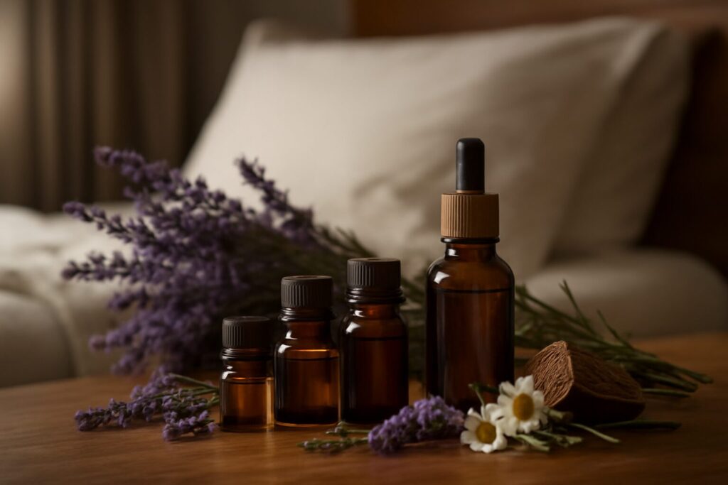 A blend of essential oils for sleep, featuring calming lavender, chamomile, and cedarwood in amber glass bottles, arranged on a bedside table.