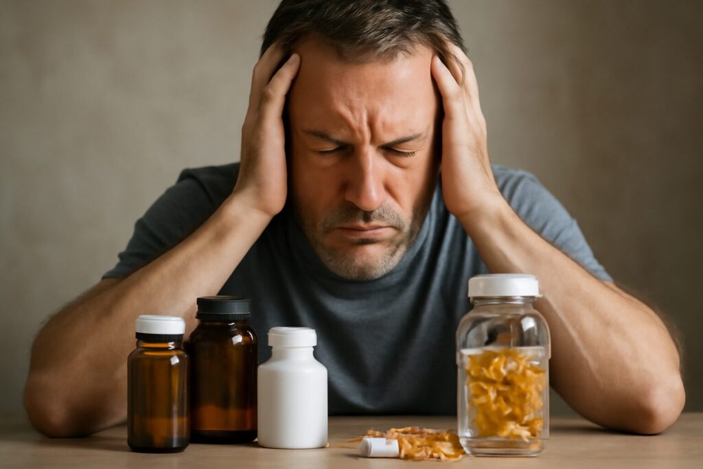 A selection of the best supplements to lower cortisol, including ashwagandha, magnesium, phosphatidylserine, and omega-3 capsules on a table.