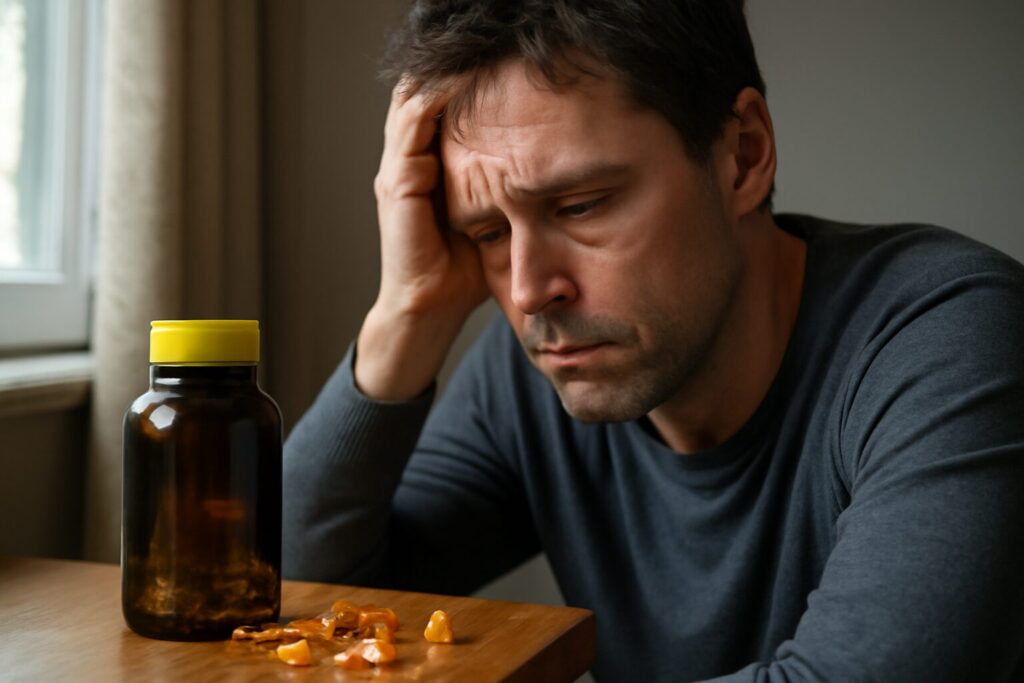 Vitamin D supplements and capsules with dosage information for managing symptoms of depression and anxiety, highlighting recommended intake levels.