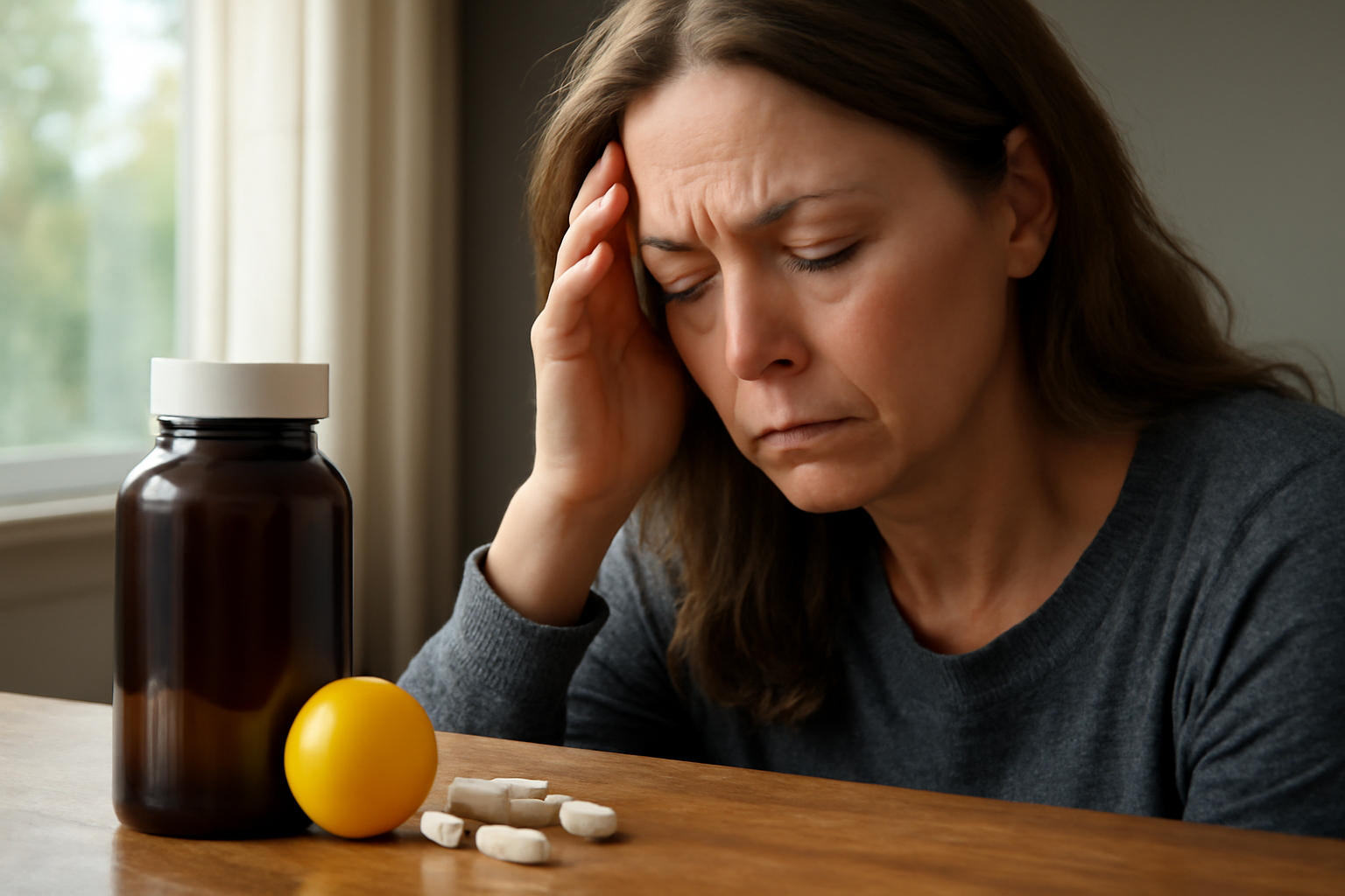 Woman looking stressed with supplements and pill bottle on table