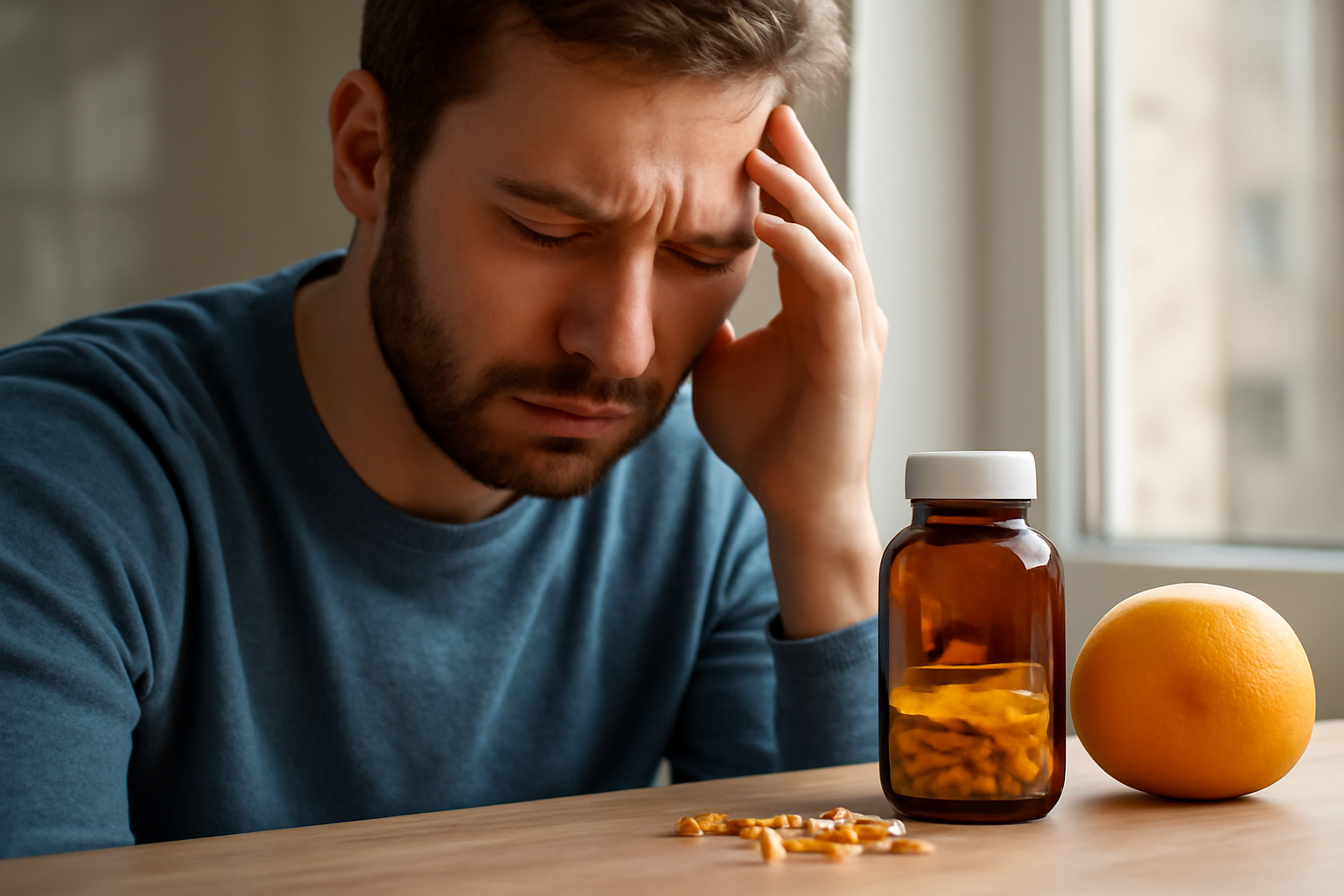 Man holding head with bottle of supplements and an orange on table