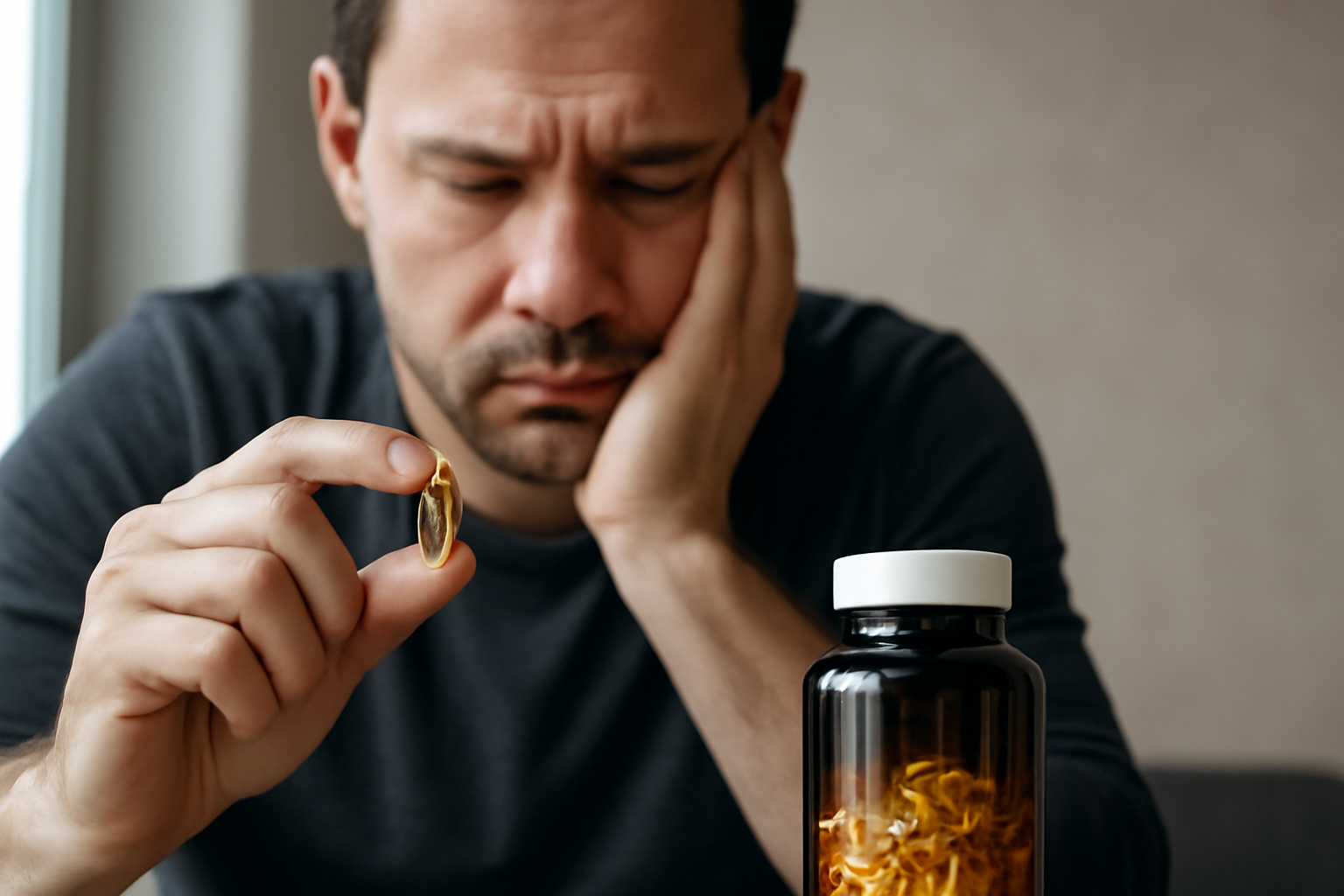Man holding a vitamin D capsule with a bottle nearby