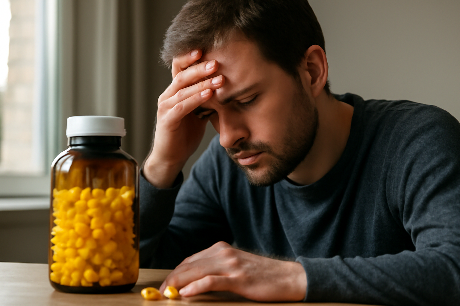 Man looking stressed with bottle of yellow pills on table