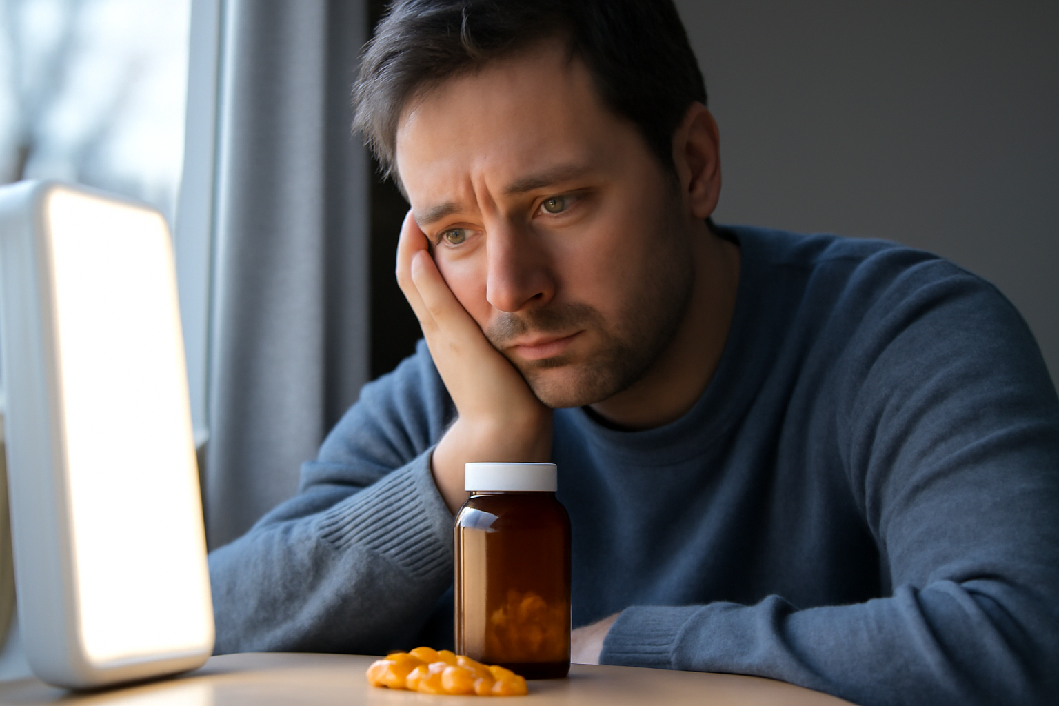 Sad man sitting at table with light therapy lamp and vitamin D supplements