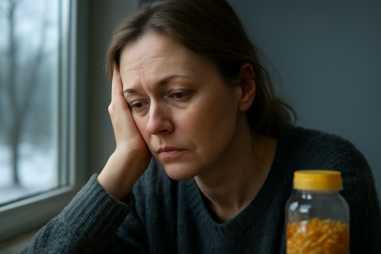 Sad woman looking out window with vitamin D bottle nearby