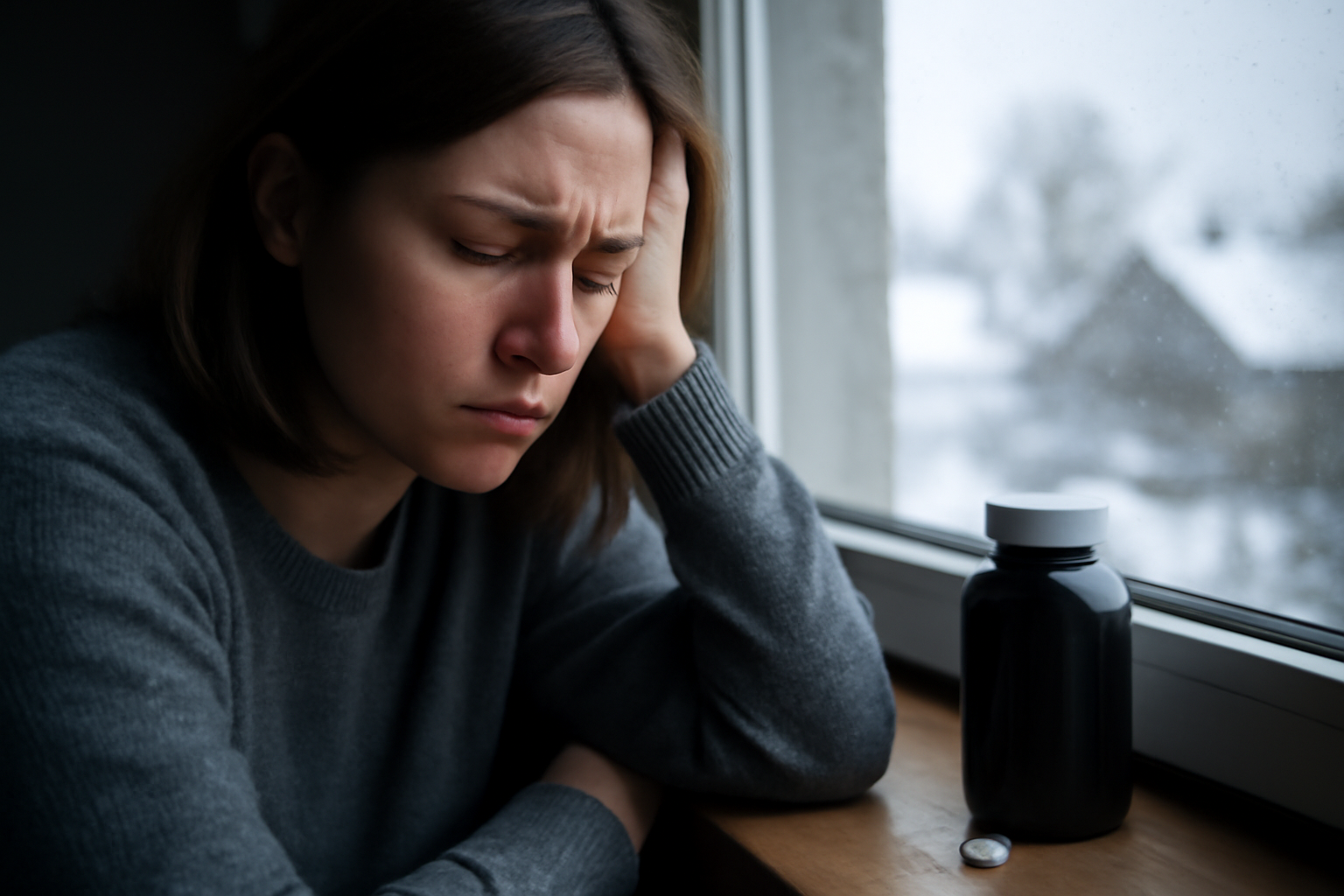 Woman looking distressed near window with supplement bottle