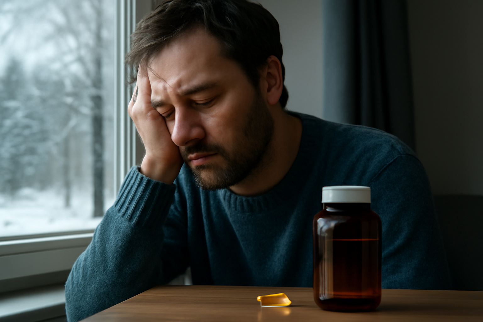 Man with sad expression near vitamin D supplement by window