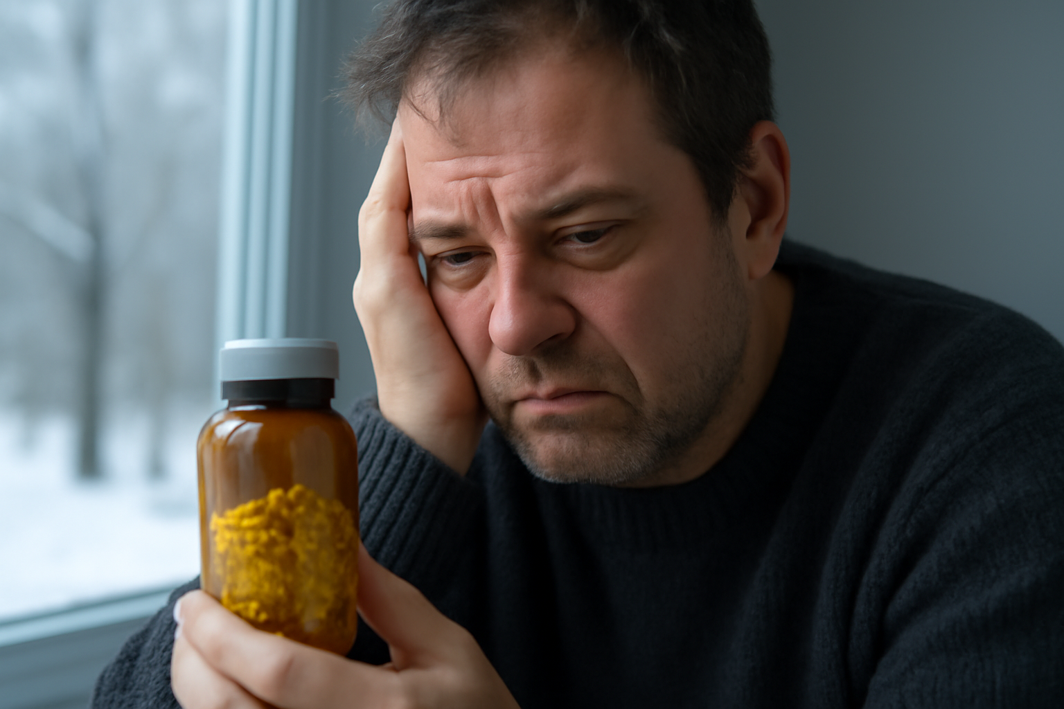 Man looking sadly at vitamin bottle by a window