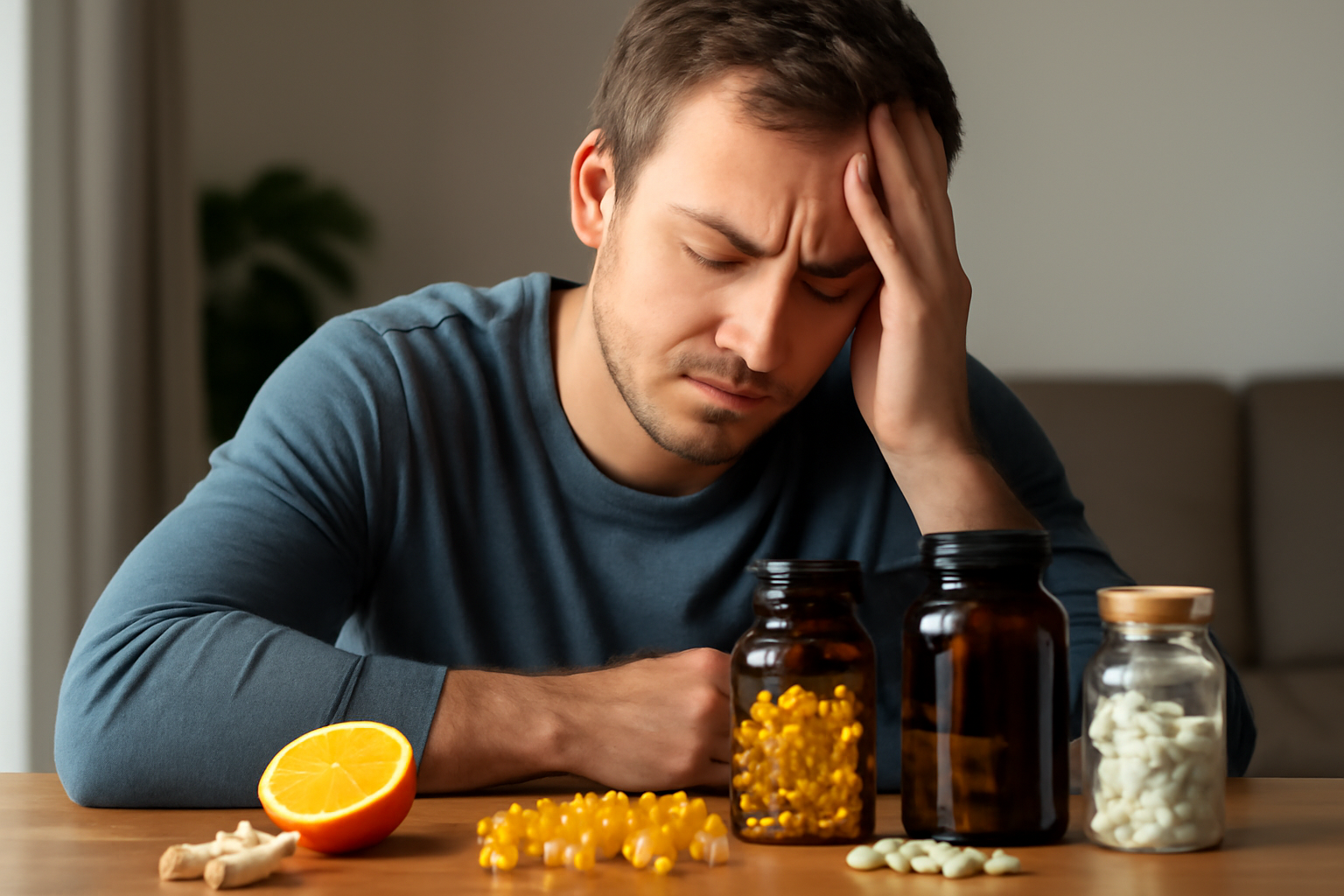 Man with headache sitting at table with vitamins and orange