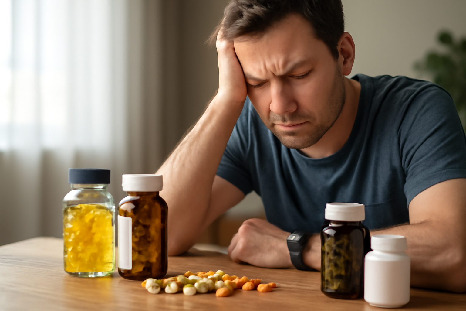 Stressed man with vitamin bottles and supplements on table