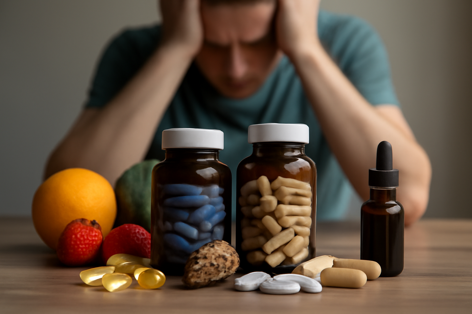 Various vitamin supplements and fruits with stressed person in background