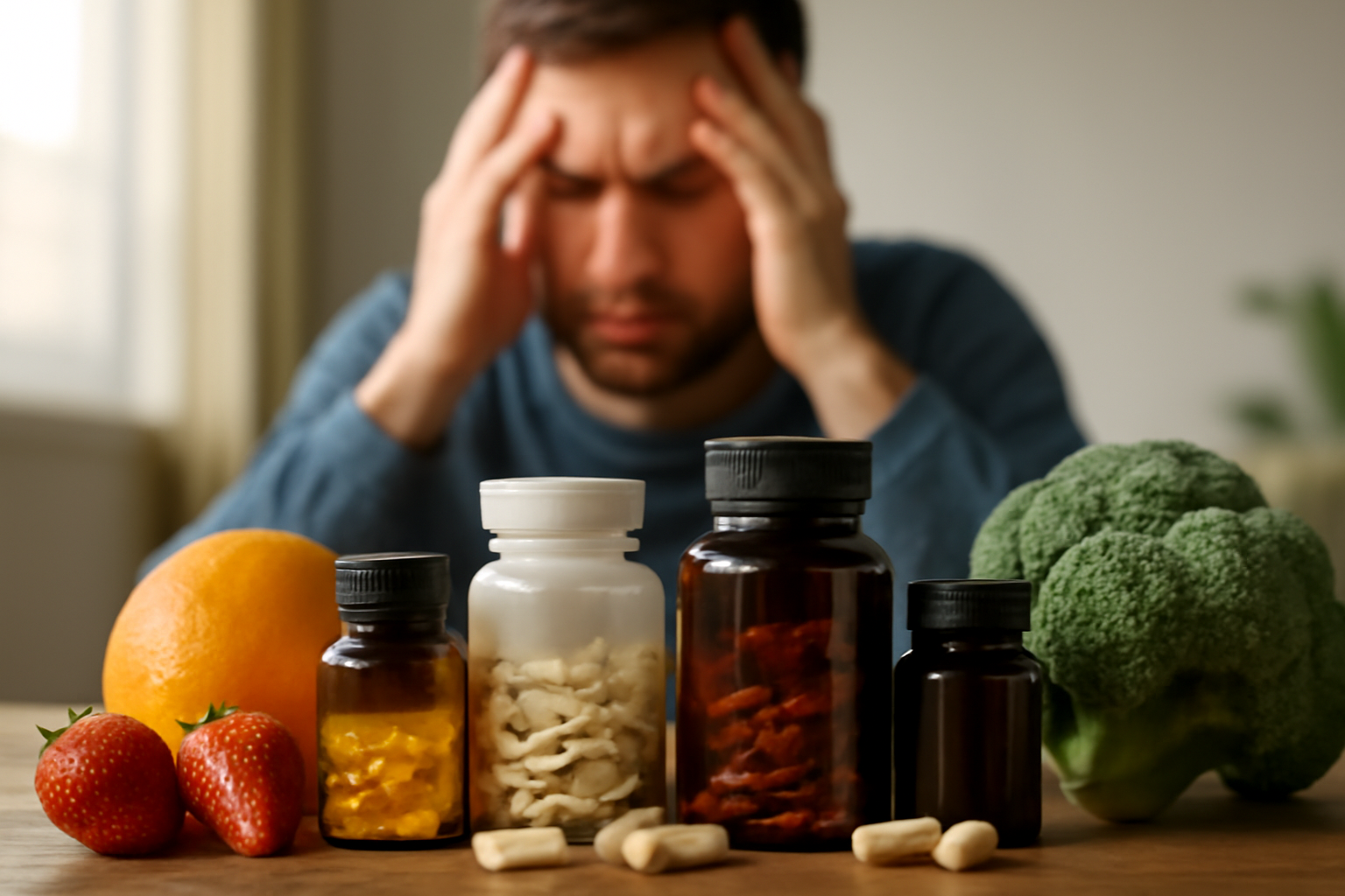 Bottles of supplements with fruits and broccoli, man stressed in background