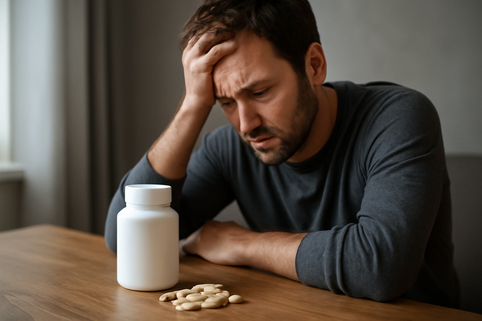 Man looking distressed with white supplement bottle and capsules