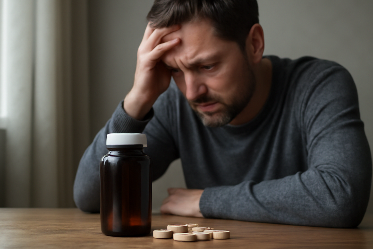 Worried man looking at pill bottle and tablets on table