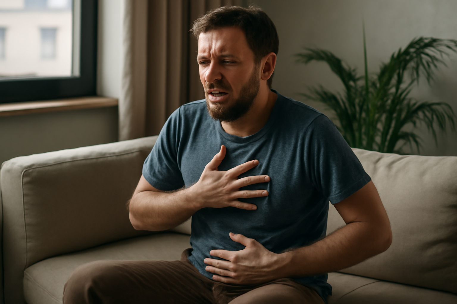 Man sitting on couch holding chest and stomach in discomfort