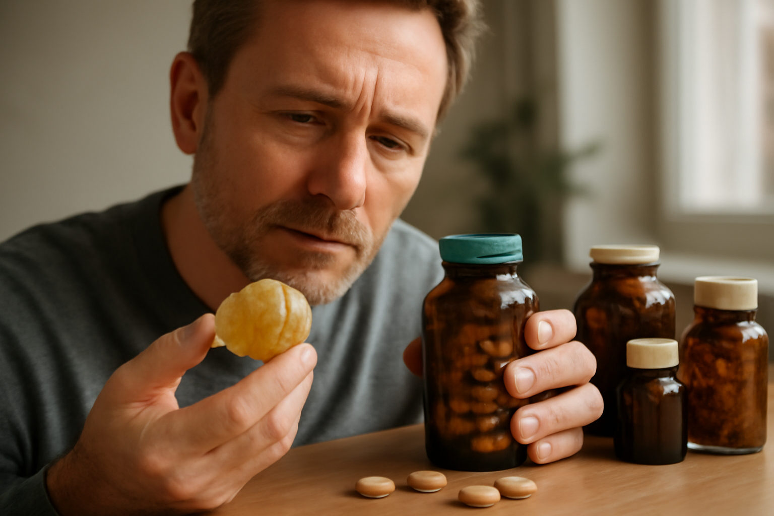 Man examining supplement bottle and holding a dried fruit
