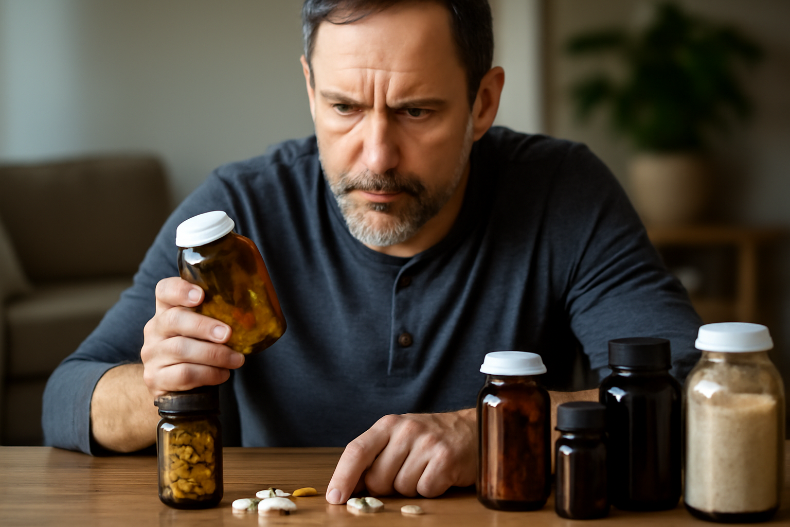 Man examining various supplement pills and bottles