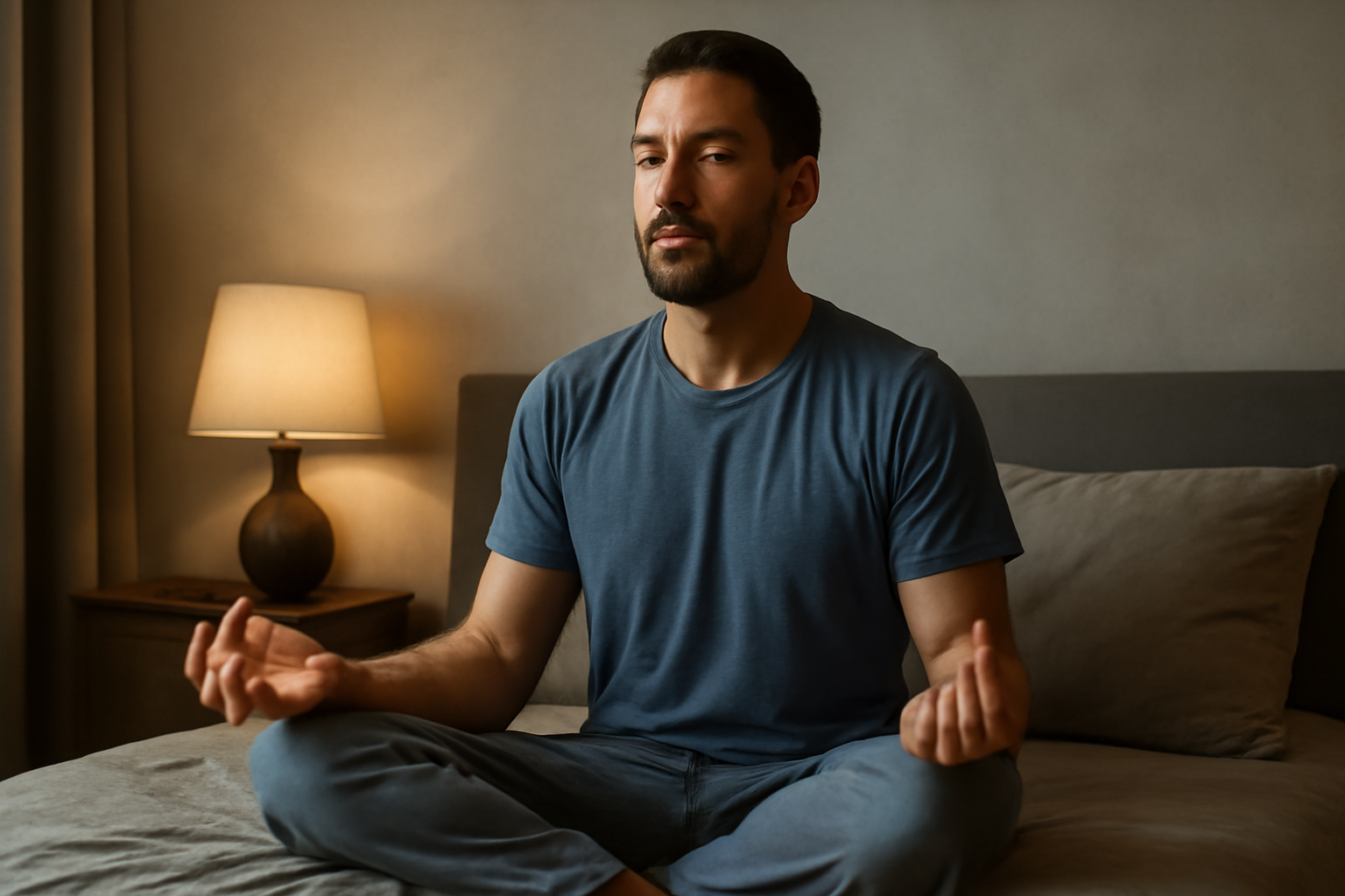 Man sitting cross-legged meditating indoors with lamp on