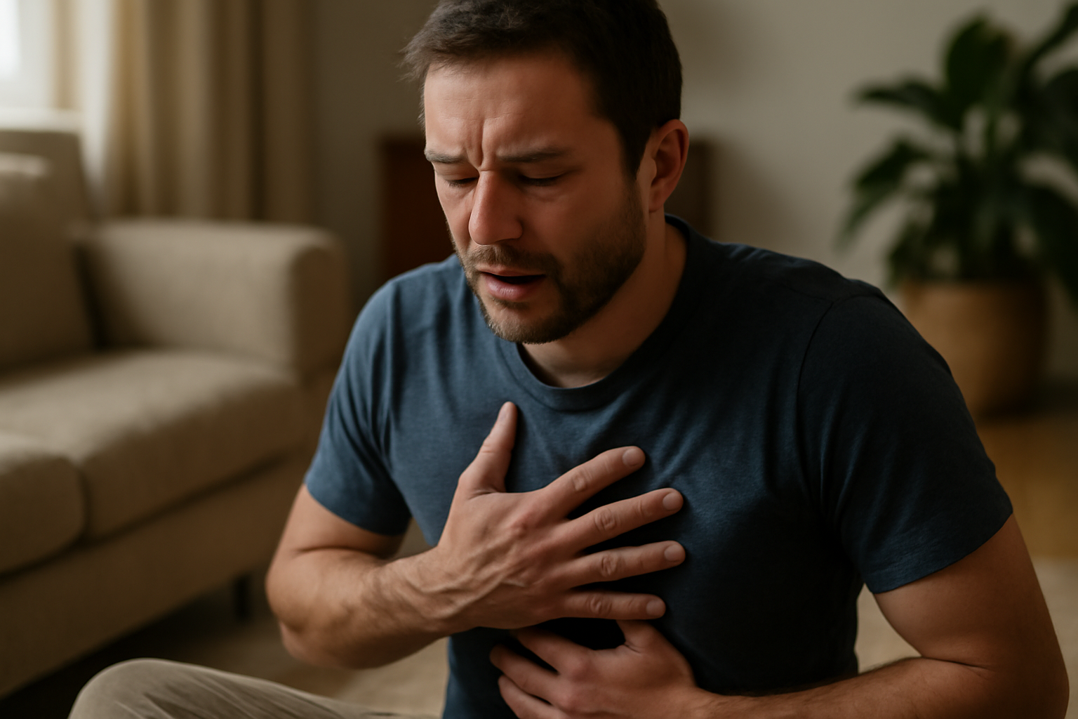Man holding chest appearing to experience discomfort