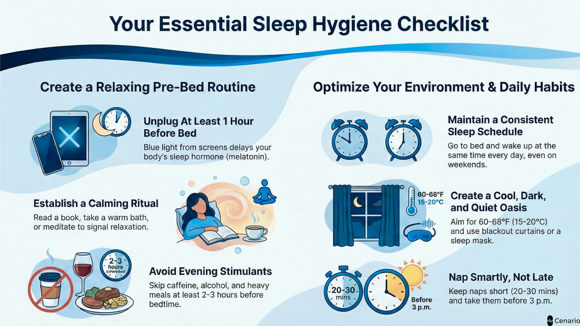 Essential sleep hygiene checklist with routines and environment tips