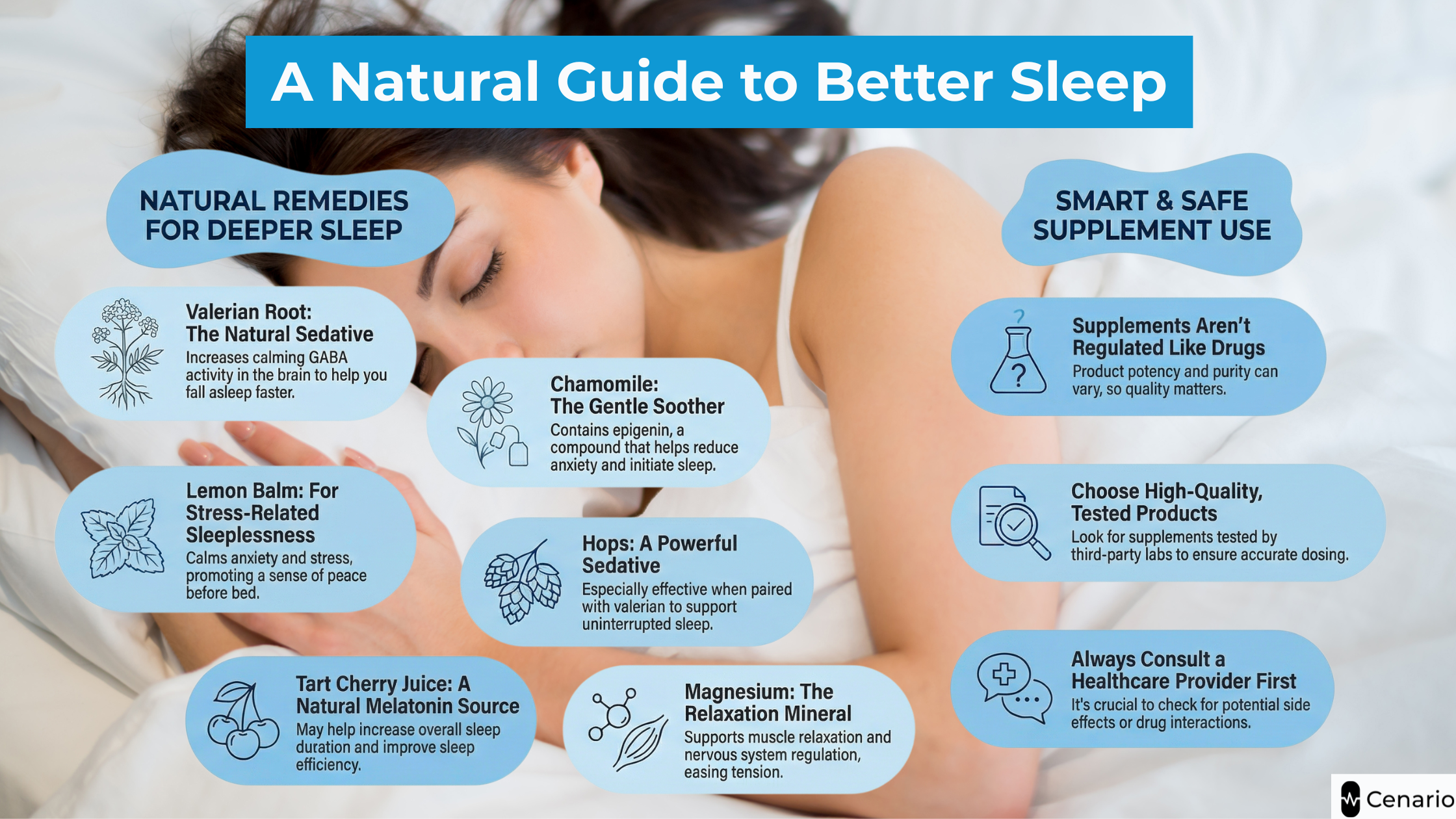 Sleeping woman with text about natural sleep remedies and safe supplement use
