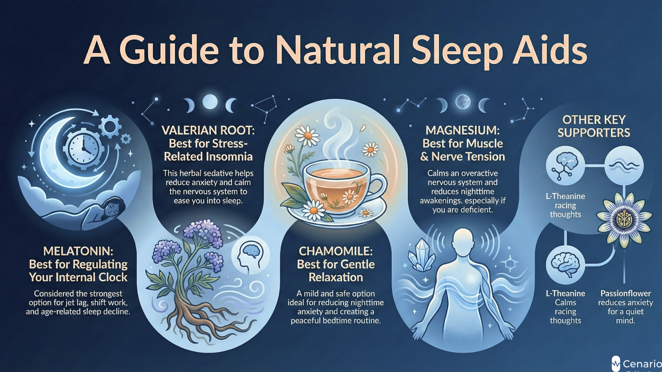 Illustration showing natural sleep aids including melatonin, valerian root, chamomile