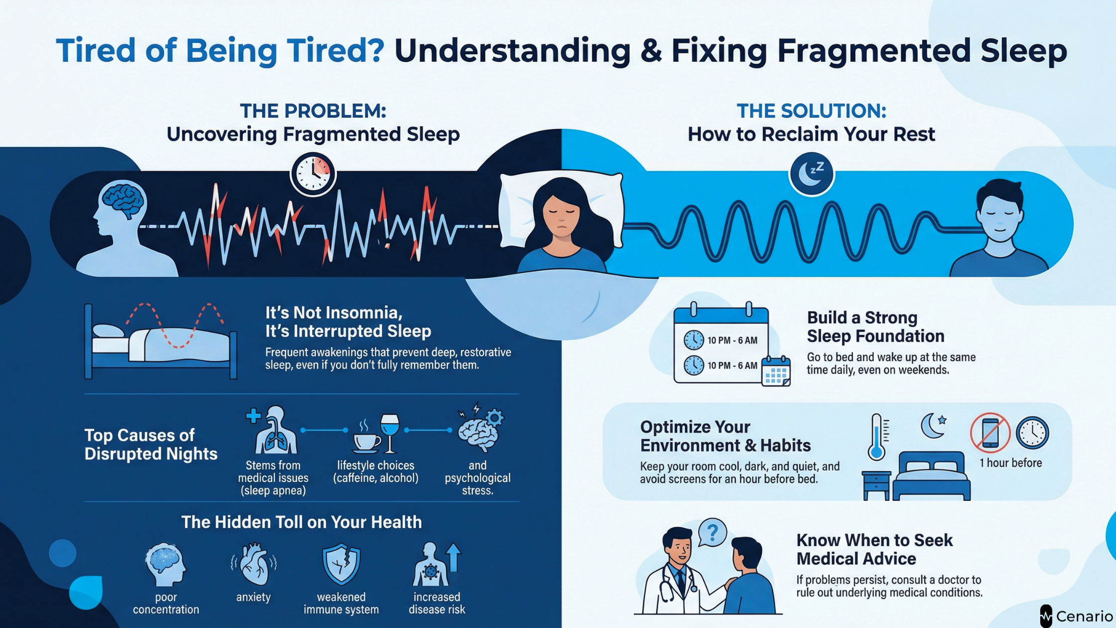 Infographic explaining causes and solutions for fragmented sleep