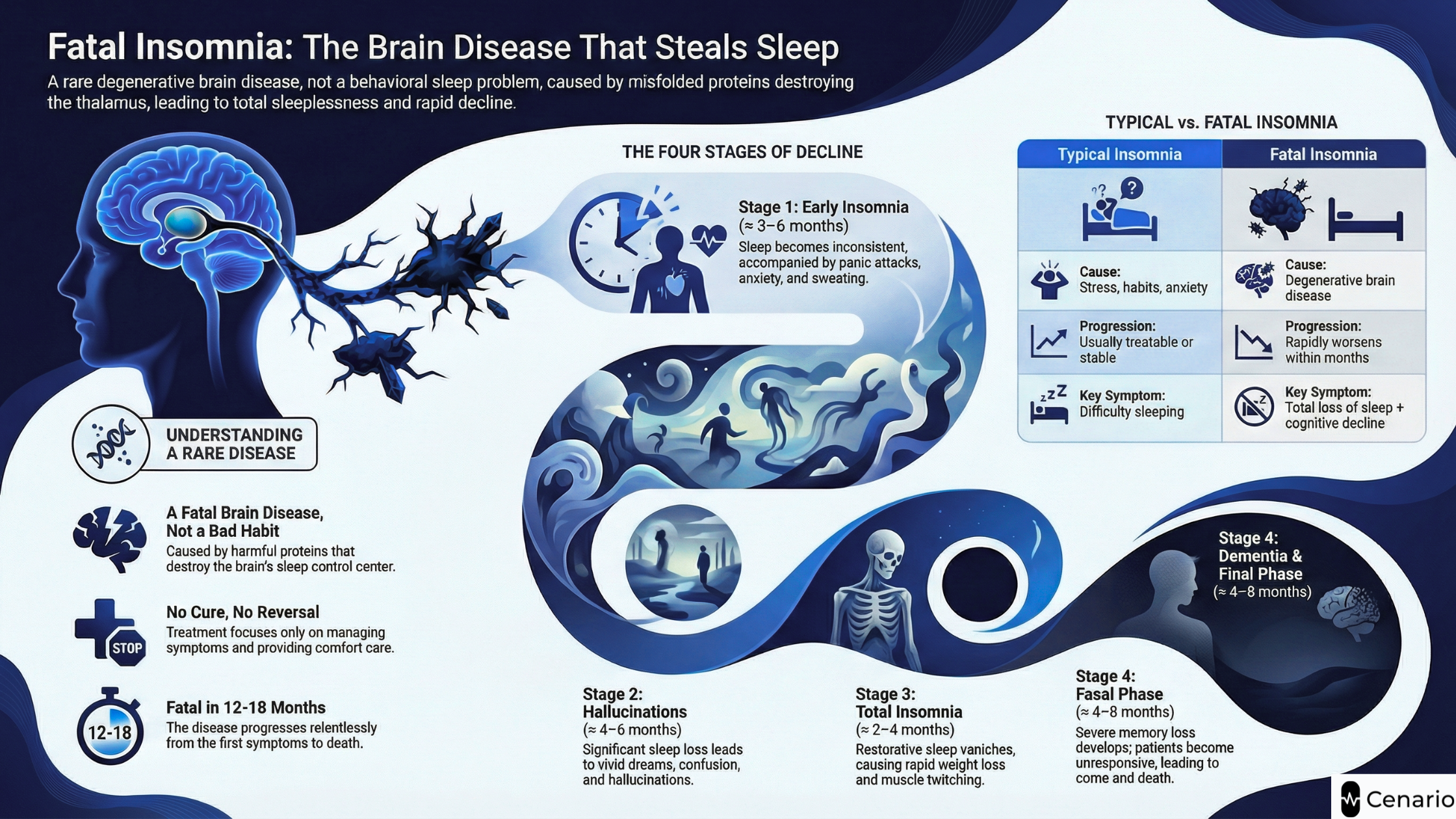 Infographic explaining the stages and symptoms of fatal insomnia disease