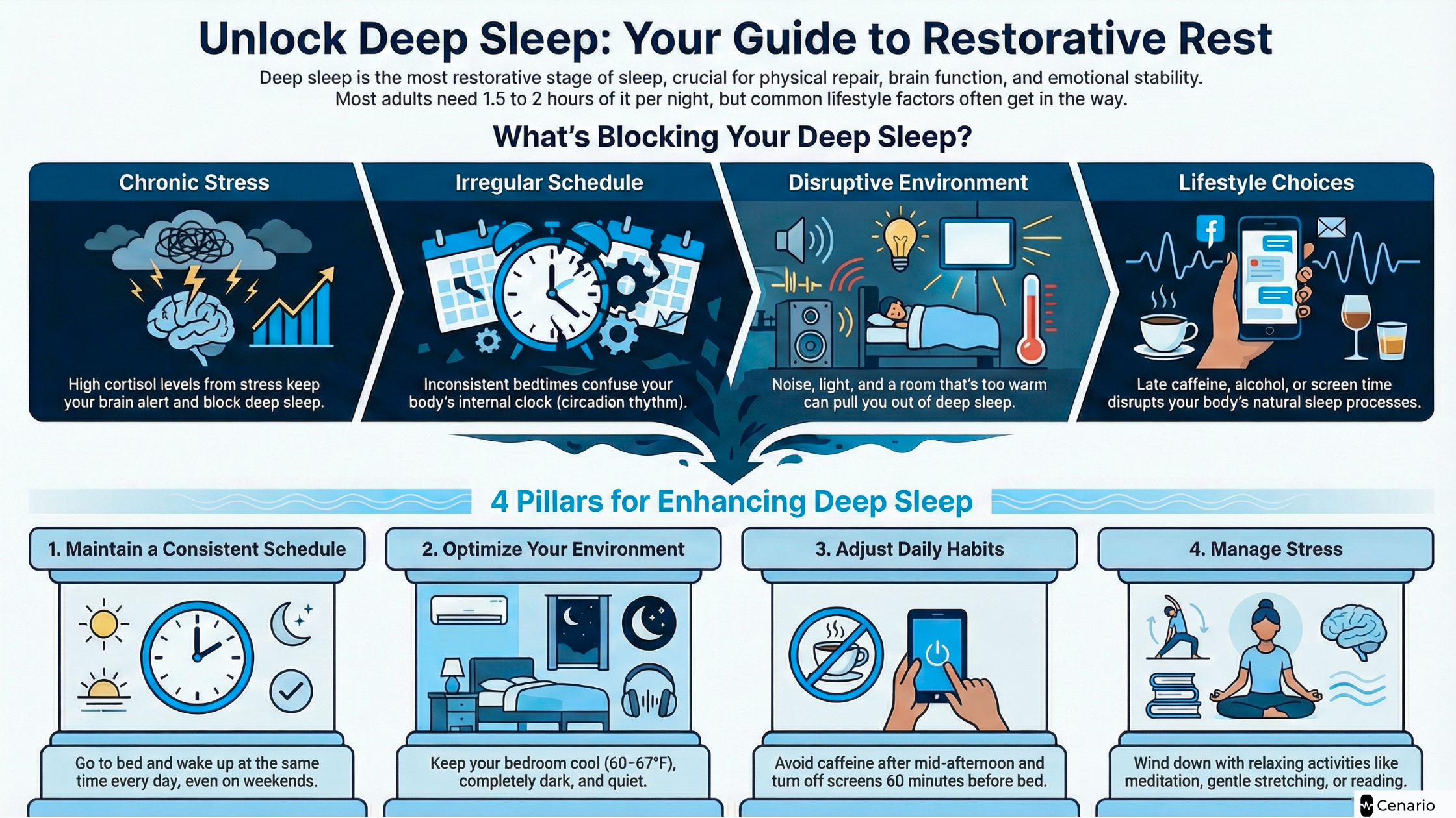Infographic showing tips and blockers for achieving deep sleep