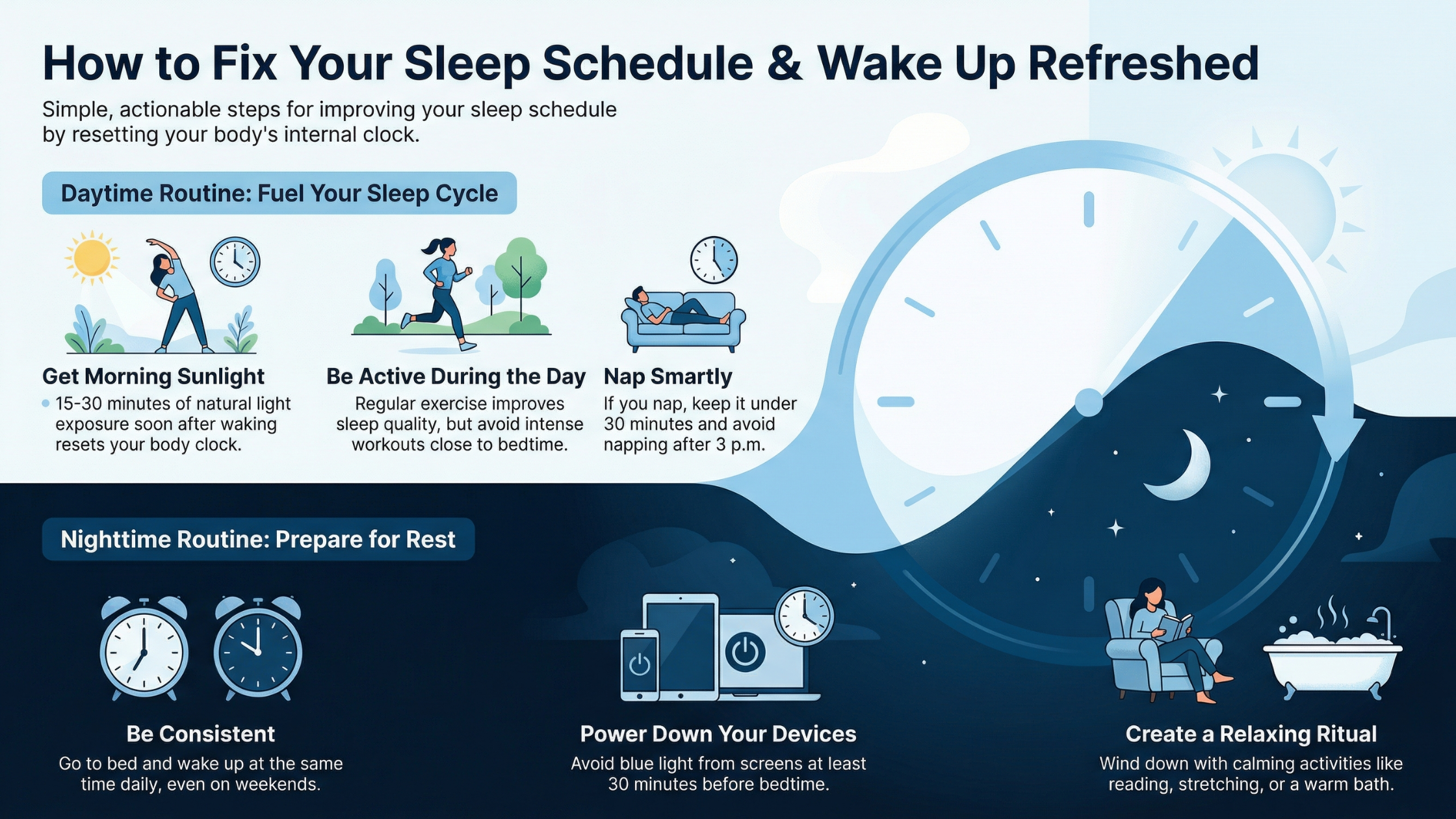 Infographic showing daytime and nighttime routines for better sleep