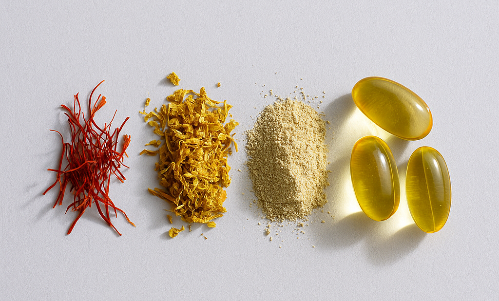 Various natural supplement ingredients including dried herbs, powder, and capsules