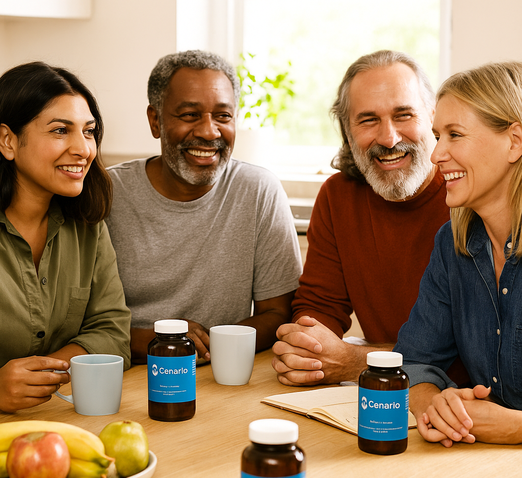 Group of four people smiling around table with supplement bottles