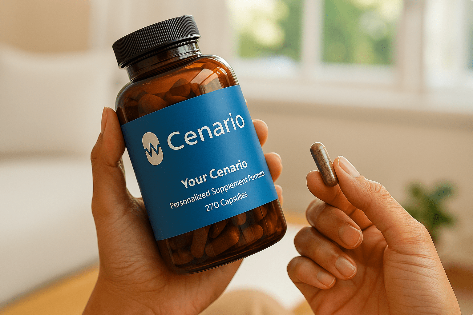 Hands holding Cenario supplement bottle and a capsule
