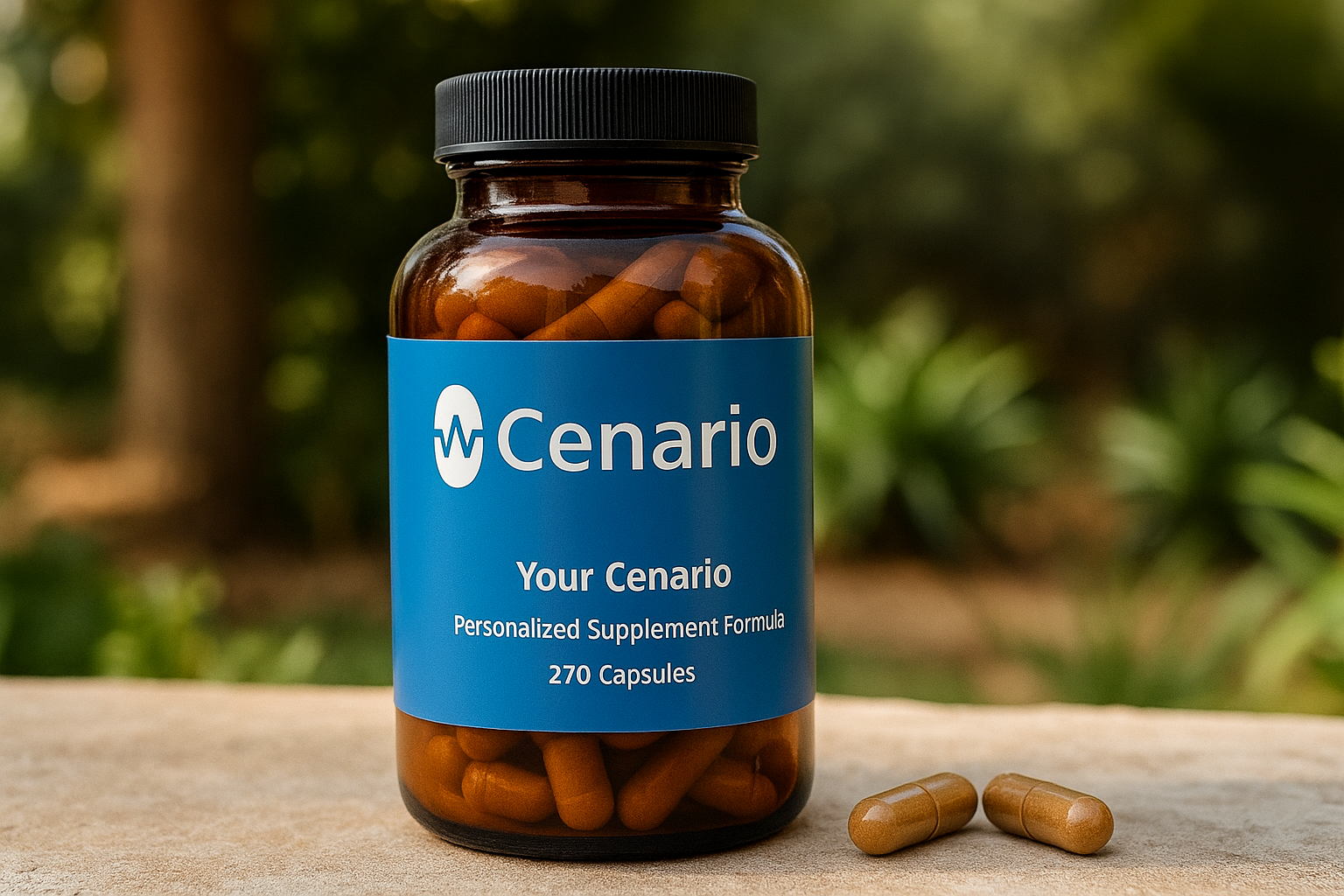 Bottle of Cenario personalized supplement capsules with two capsules outside