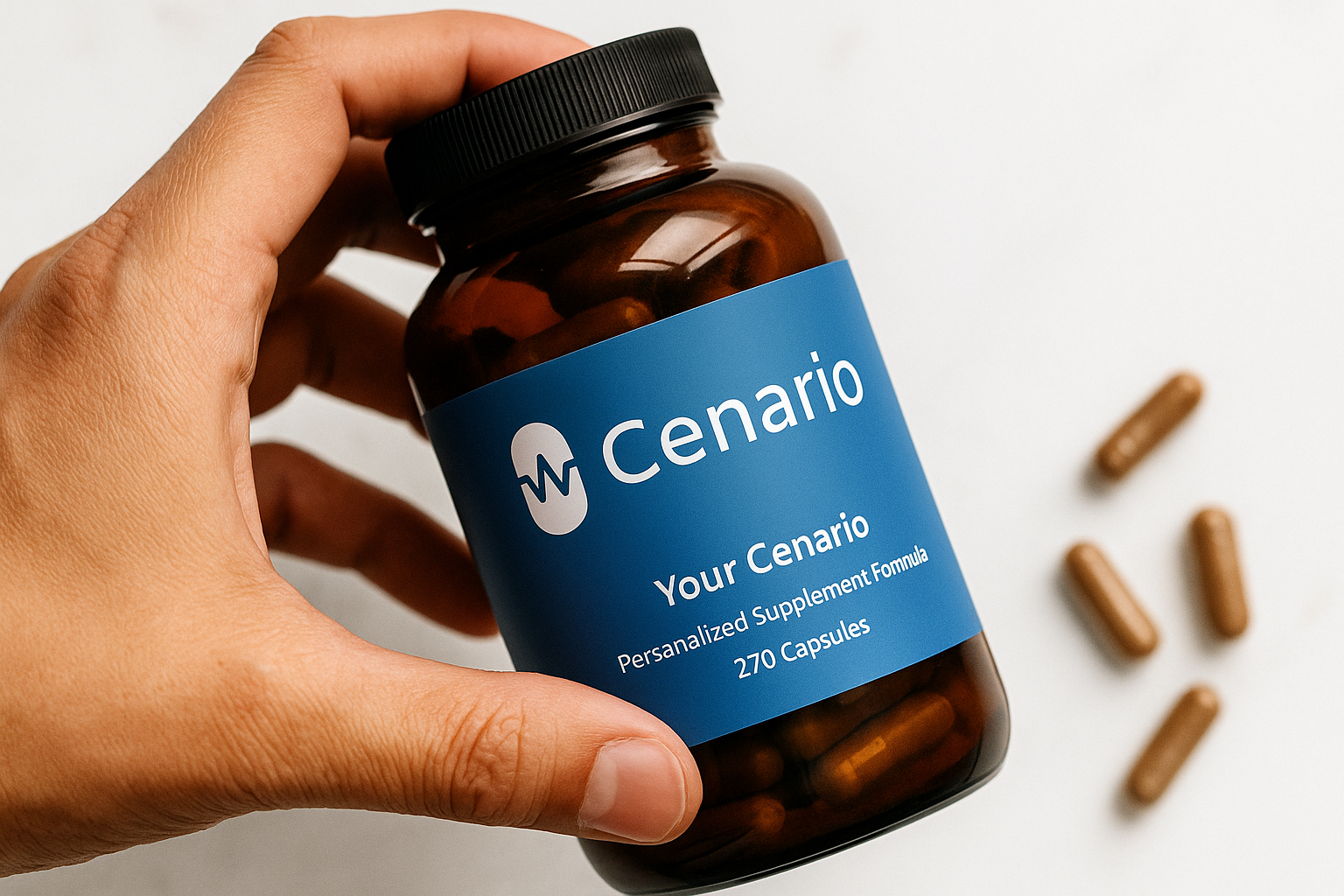 Hand holding Cenario personalized supplement bottle with capsules nearby